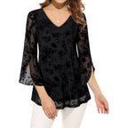 Women's Double Layer Mesh Tunic Top Black Floral