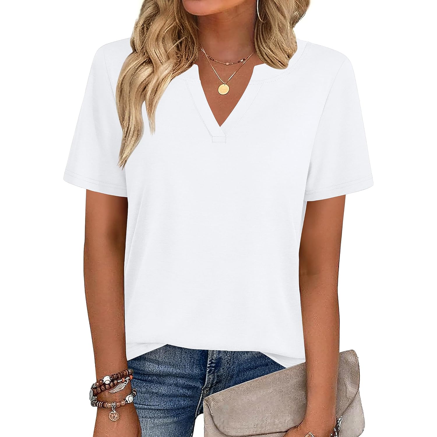 Women's Business Casual V-Neck Tunic Top White
