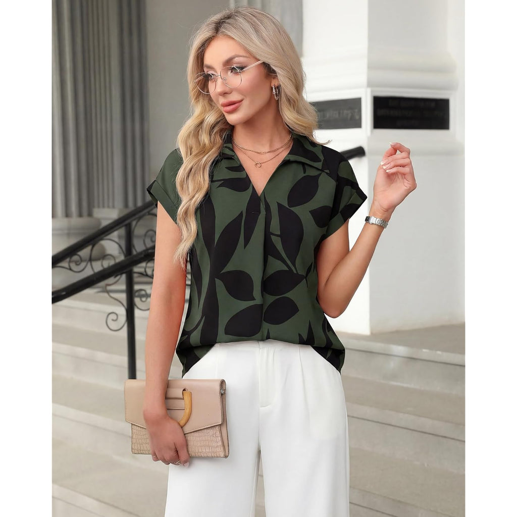 Women's Lapel V-Neck Tunic Top Leaf Green