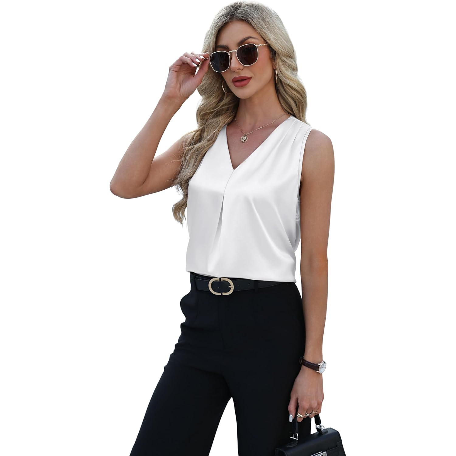 Women's Pleated Satin V-Neck Tank Top White