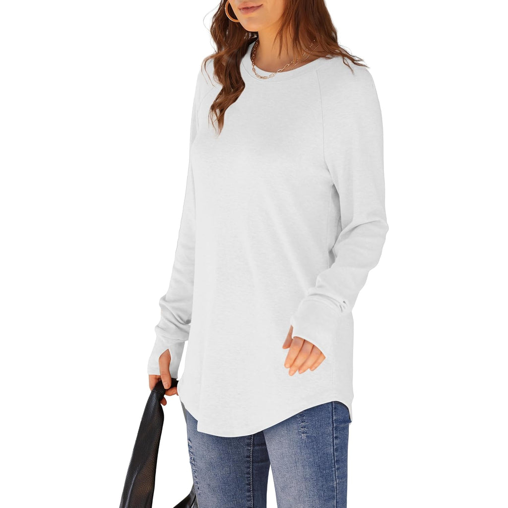 Women's Thumb Hole Crew Neck Tunic Top White