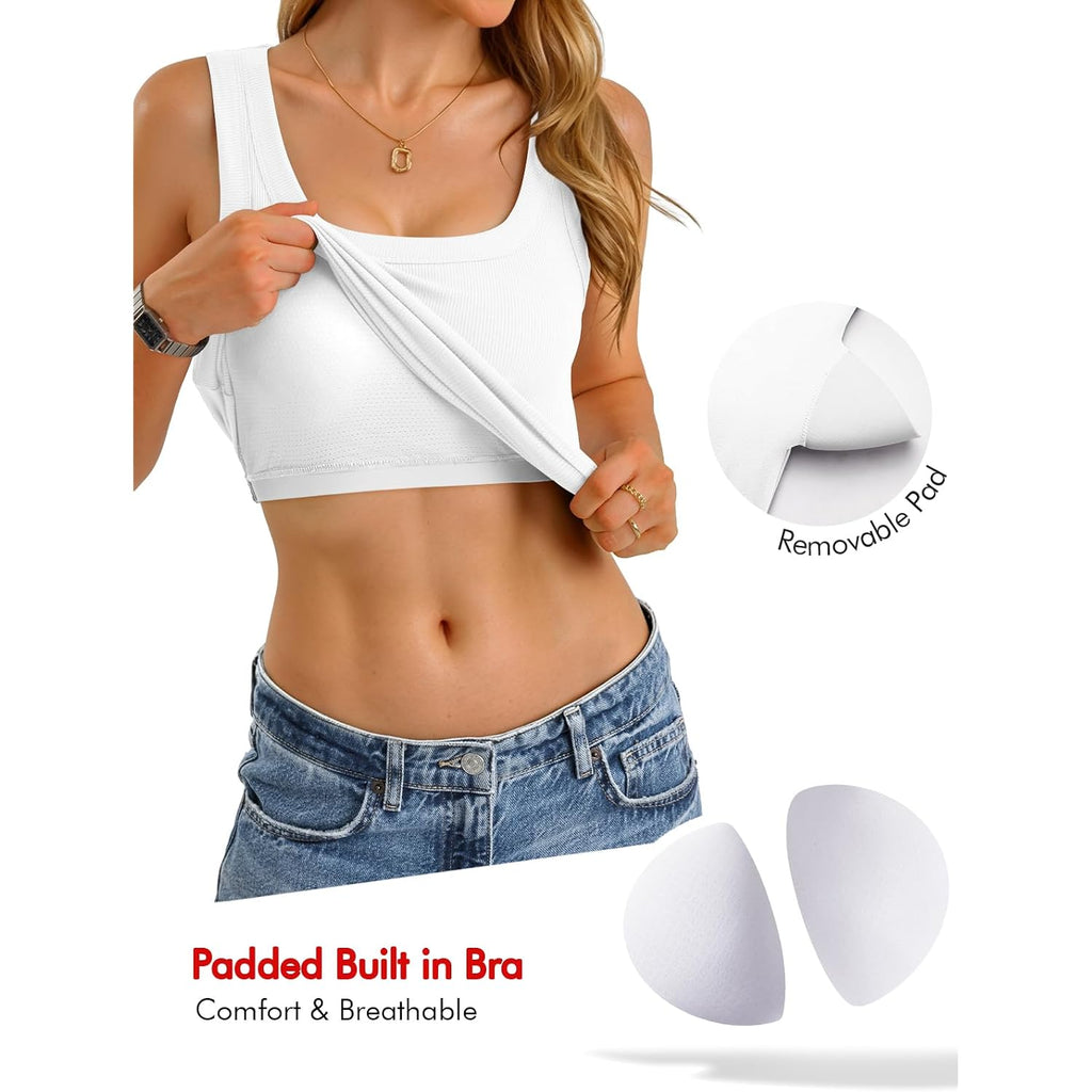 GKBK Womens Built in Bra Tank Tops Square Neck Sleeveless Shirts Ribbed Basic Racerback Fitted Tops