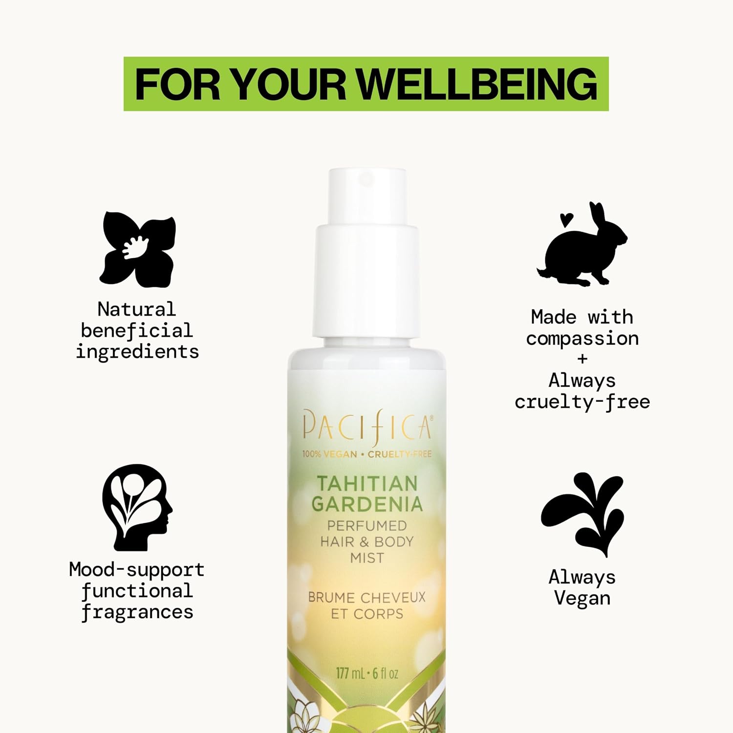 Pacifica Tahitian Gardenia Perfumed Hair & Body Mist, Alcohol-Free Spray Designed For Head-To-Toe Wear, Vegan & Cruelty-Free, 6 Fl Oz
