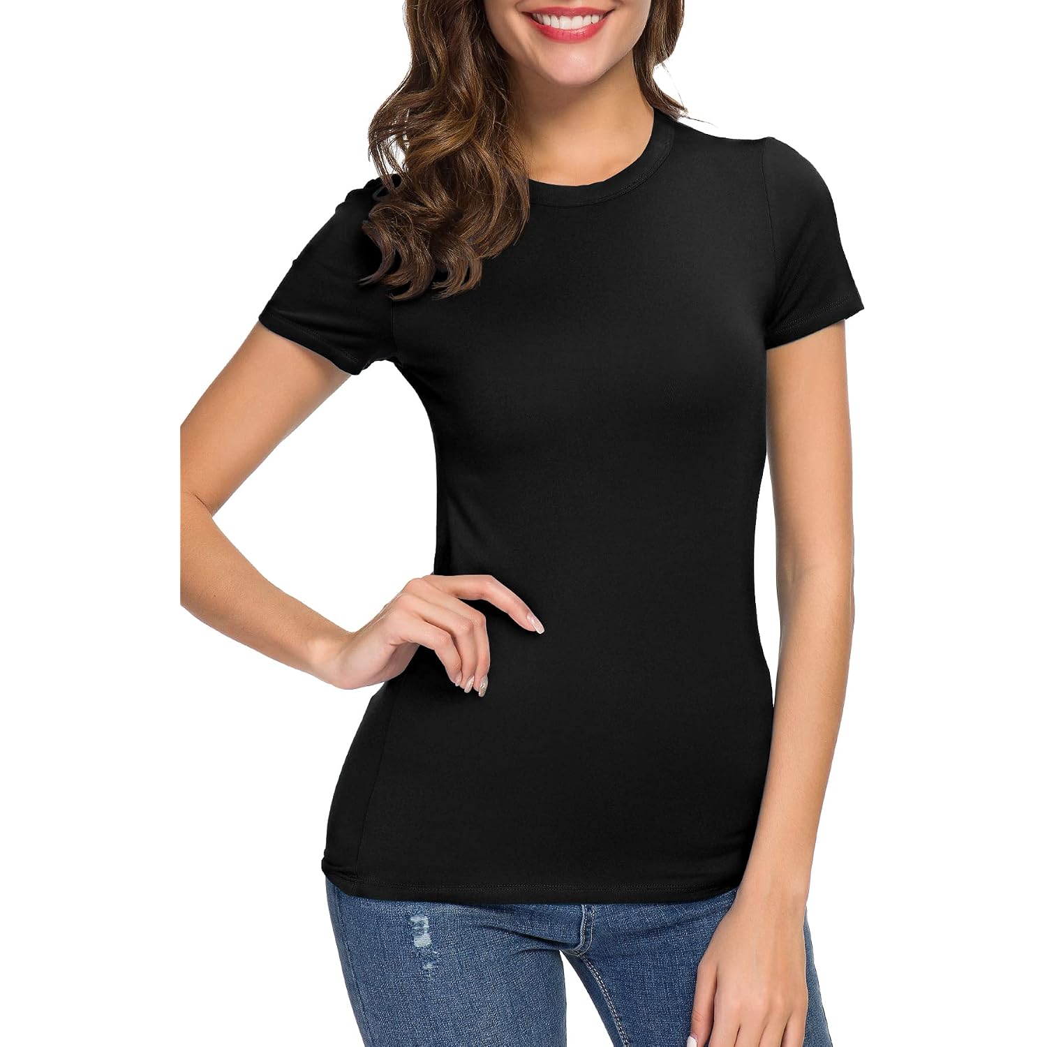 Women's Crewneck Slim Fitted Short Sleeve T-Shirt Stretchy Bodycon Basic Tee Tops