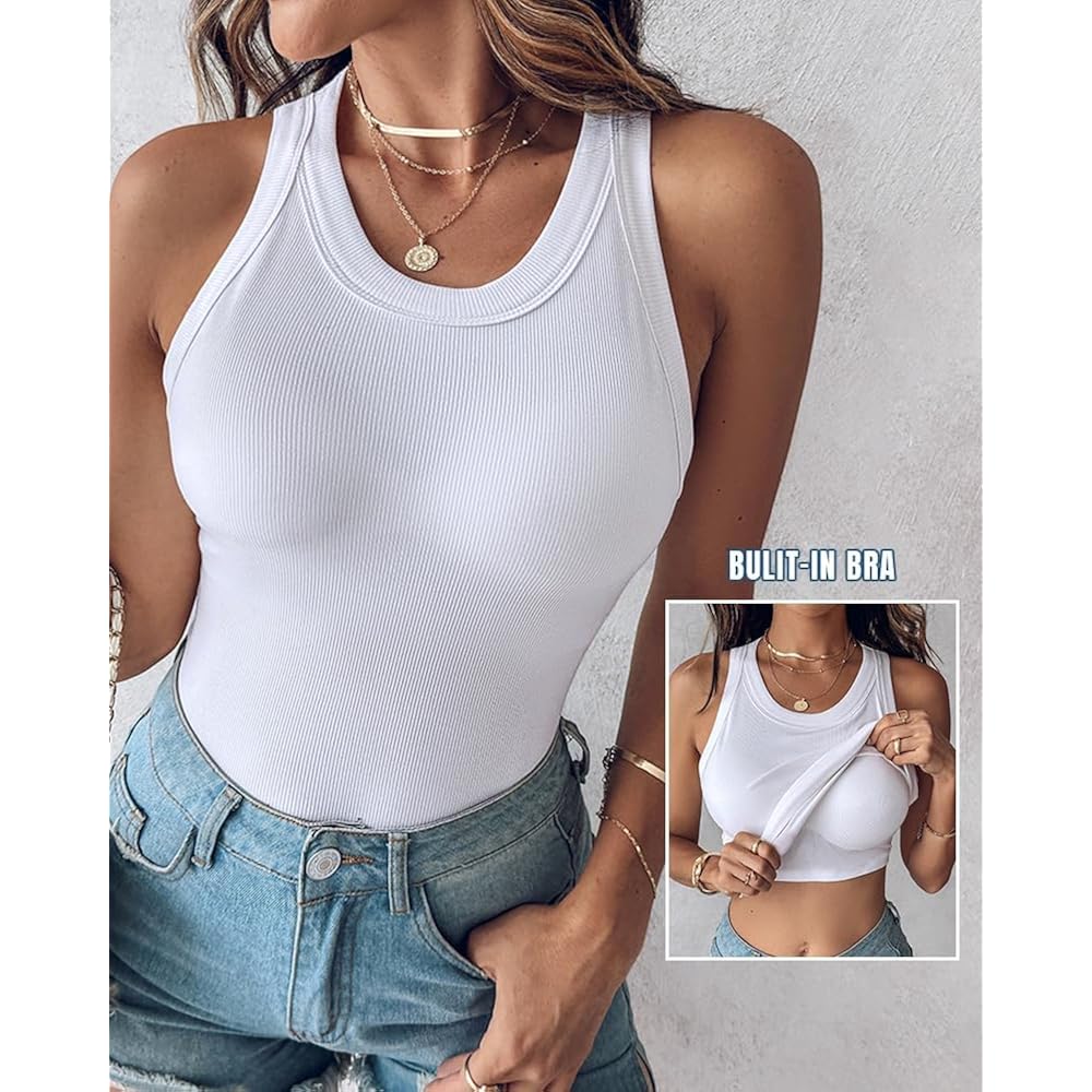 Women's Built-In Bra Racerback Tank Top White