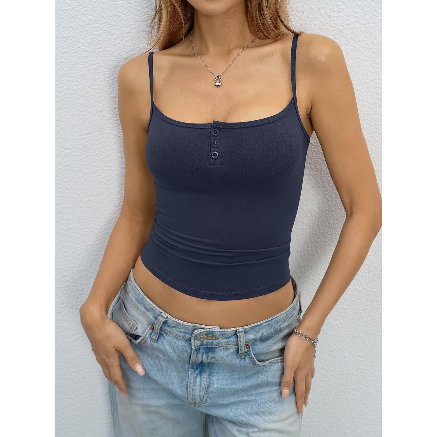 EasyGala Womens Cotton Camisole Crop Tops Square Neck Henley Tank Tops Fitted Y2K Going Out Cami Shirt Summer Fashion