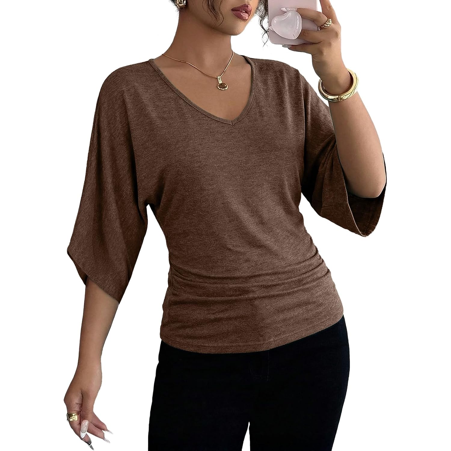 EVALESS Womens Tops Spring Summer Dressy Casual V Neck 3/4 Batwing Sleeve Ruched T-Shirt Business Work Outfits Blouses