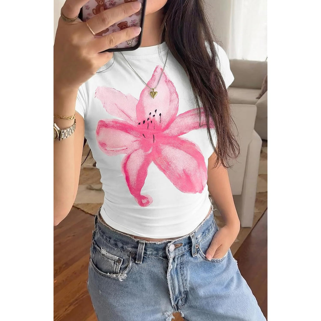 Tankaneo Womens Y2K Graphic Baby Tees Summer Floral Print Crop Tops Cotton Short Sleeve Slim Fit T-Shirts