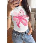Tankaneo Womens Y2K Graphic Baby Tees Summer Floral Print Crop Tops Cotton Short Sleeve Slim Fit T-Shirts