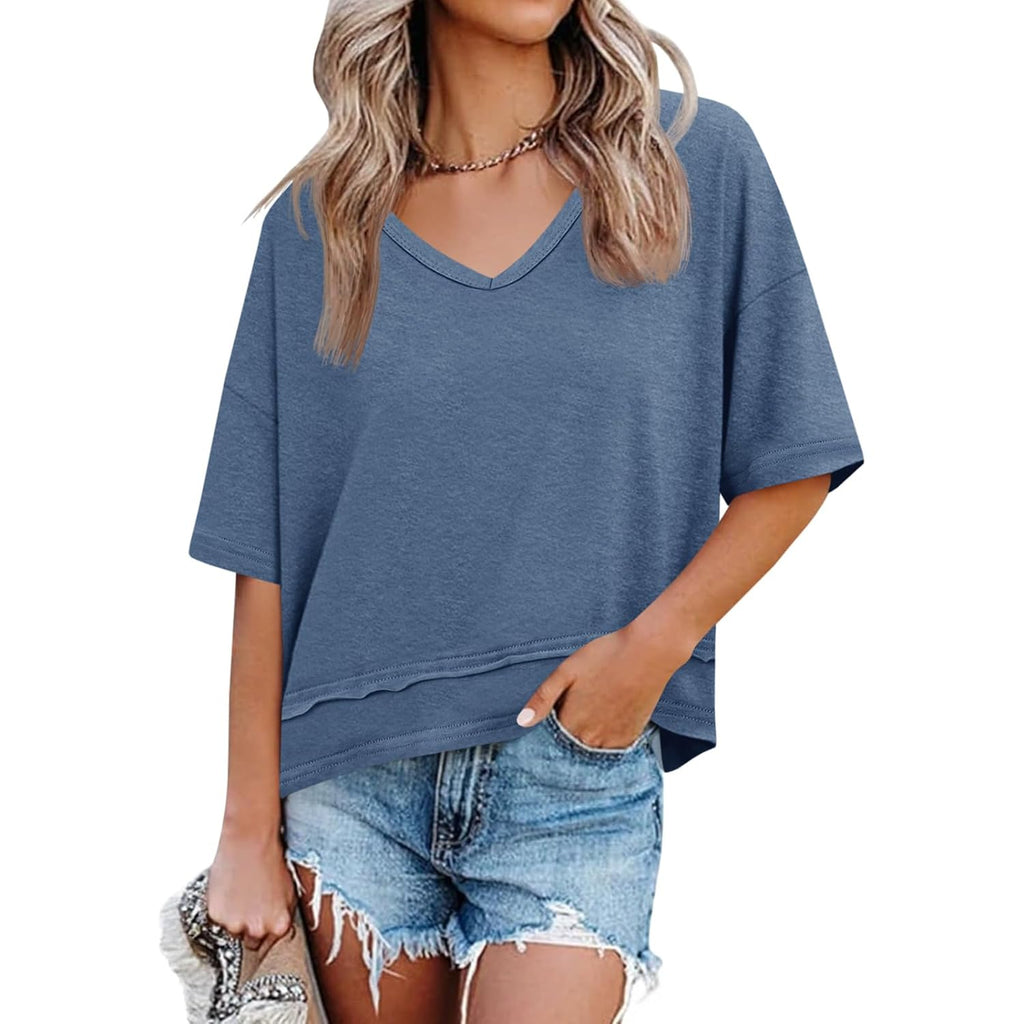 Cicy Bell Womens Summer V Neck T Shirts Casual Short Sleeve Flowy Tops Cute Loose Fit Basic Tees