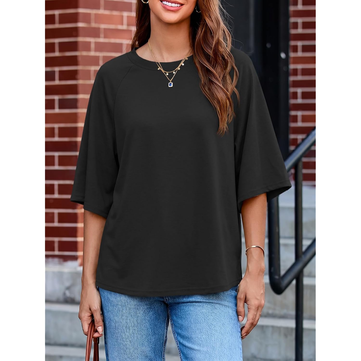 Tankaneo Womens Oversized Half Sleeve T-Shirts Trendy Casual Baggy Loose Fit Tops Summer Crew Neck Tees Shirts