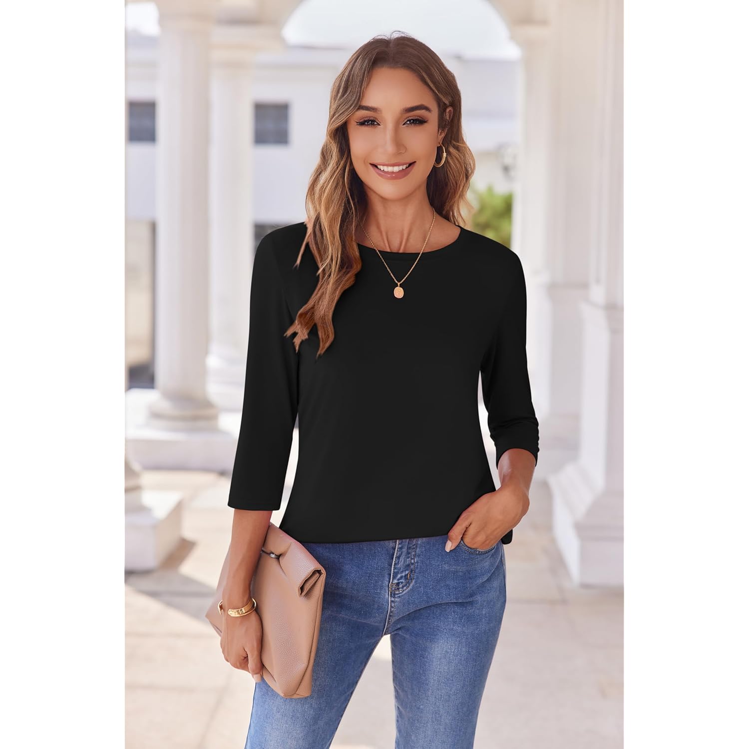 Women's Round Neck Business Tunic Top Black