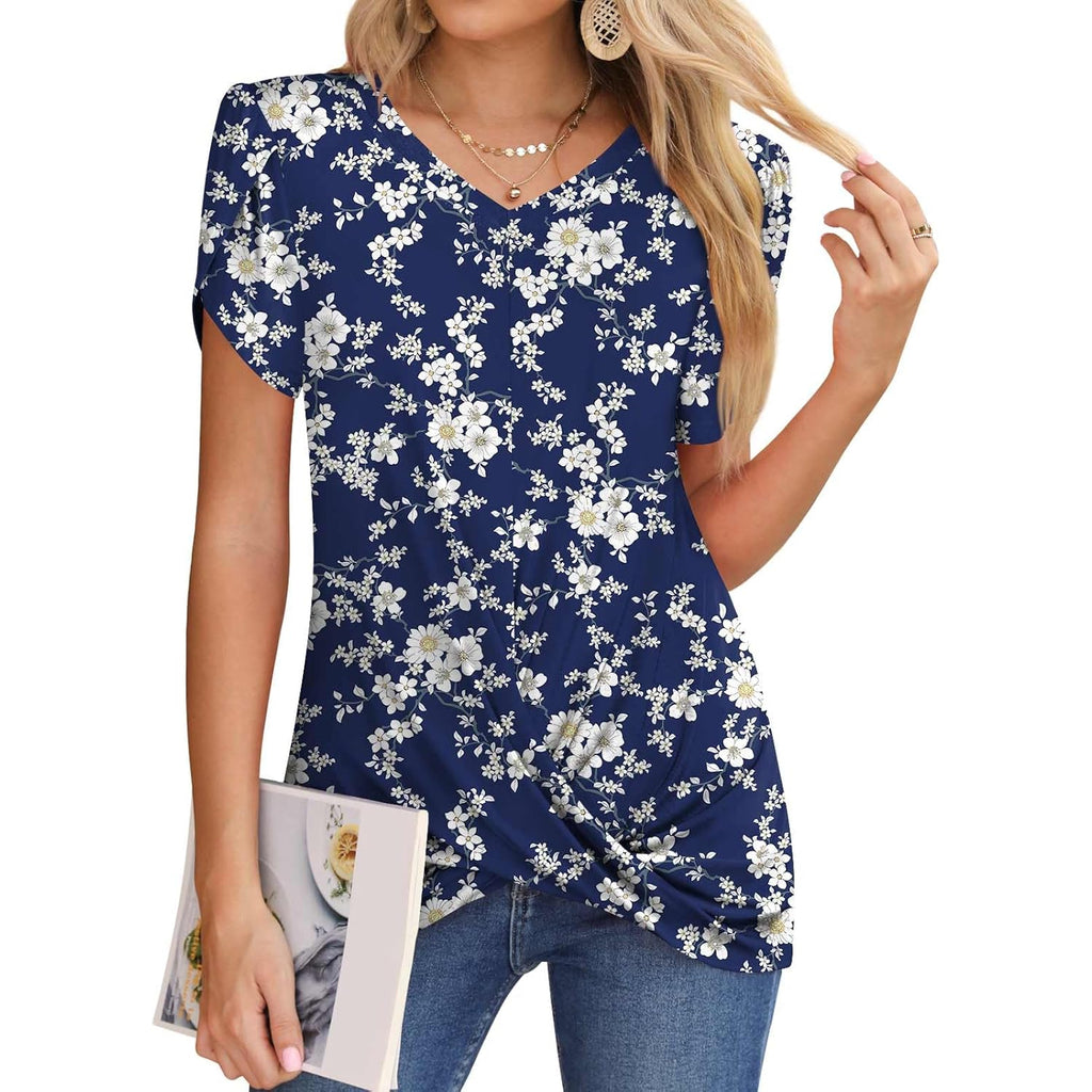 Women's Twist Front V-Neck Tunic Top V-White Floret