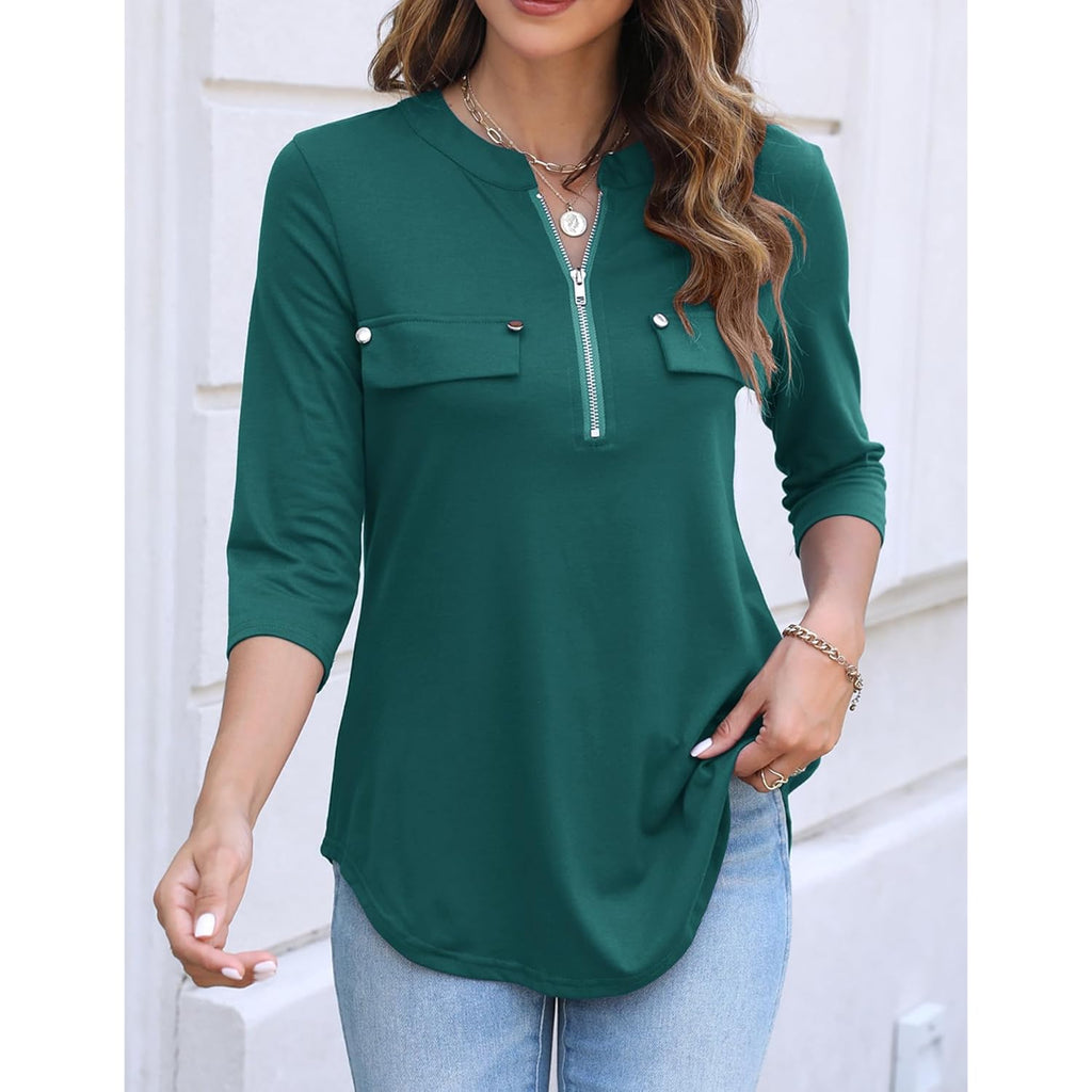 Women's Zipper Front V-Neck Tunic Top Green