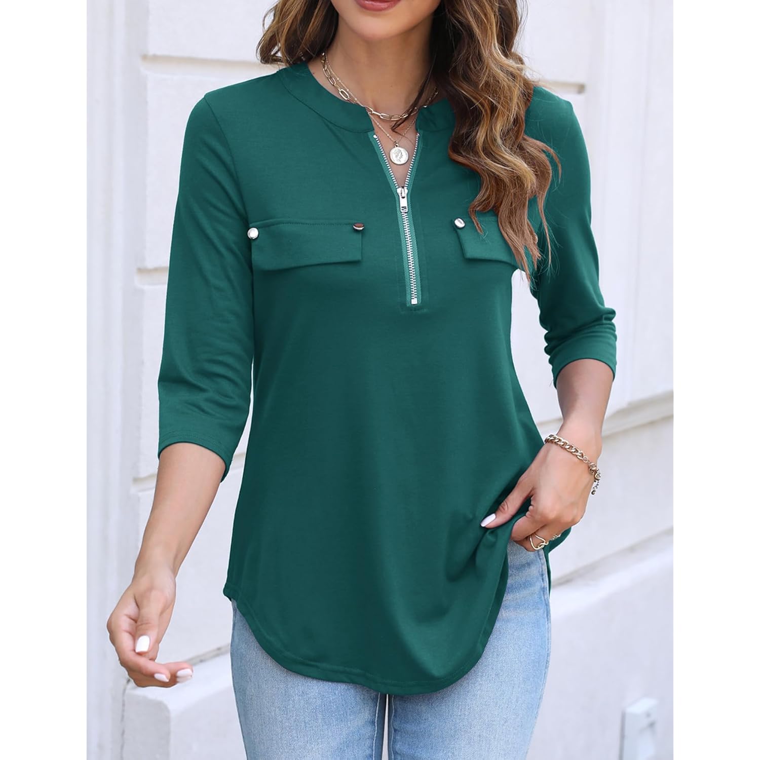 Women's Zipper Front V-Neck Tunic Top Green