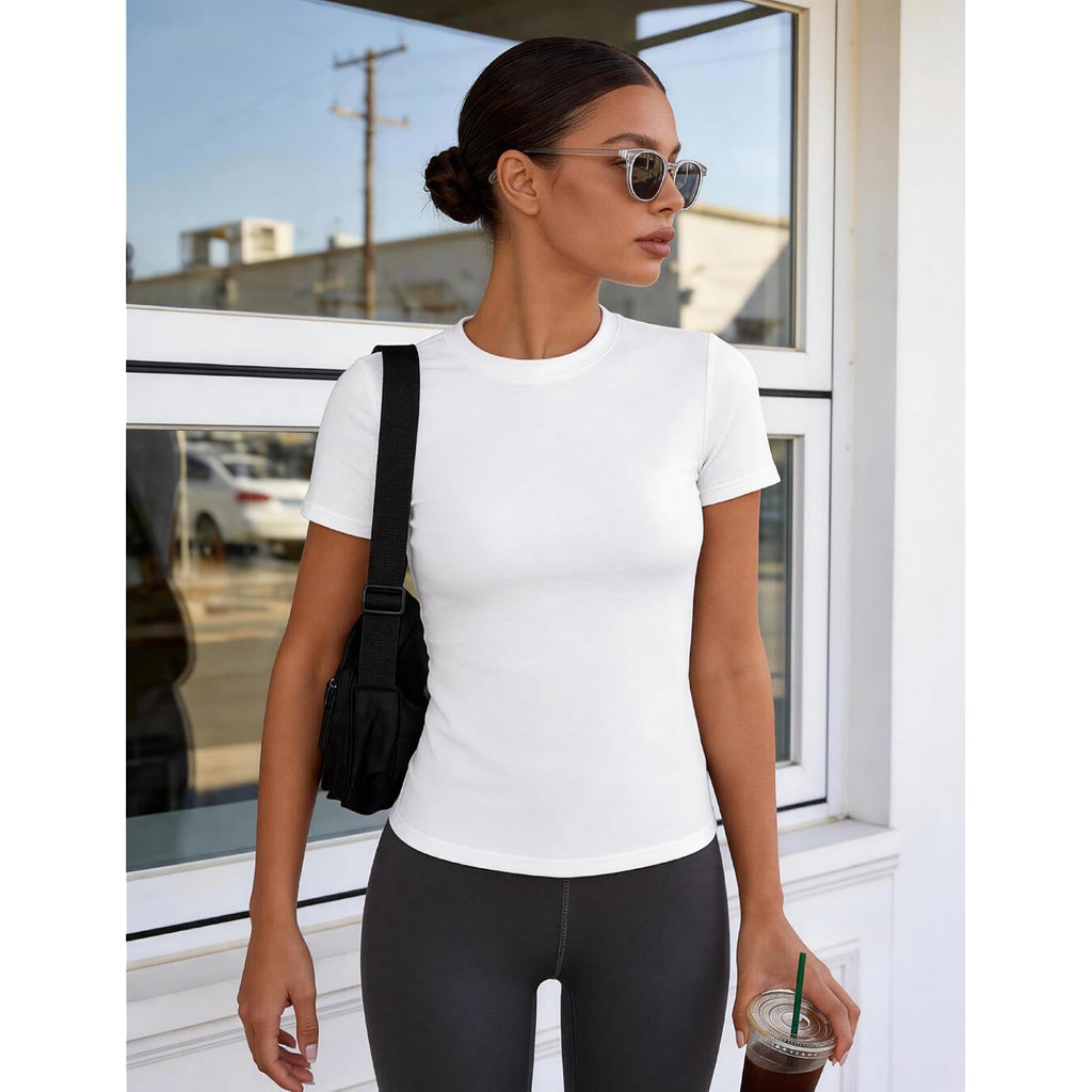CE' CERDR 3/5 Pack Womens T Shirts Crew Neck Short Sleeve Shirts for Women Casual Basic Tees Fitted Stretchy Layering Tops