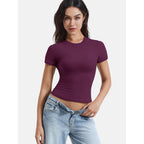 YEOREO Ease Women Fitted Workout Tops Short Sleeve Double Lined Basic Y2K Going Out Crew Neck Compression Crop Top