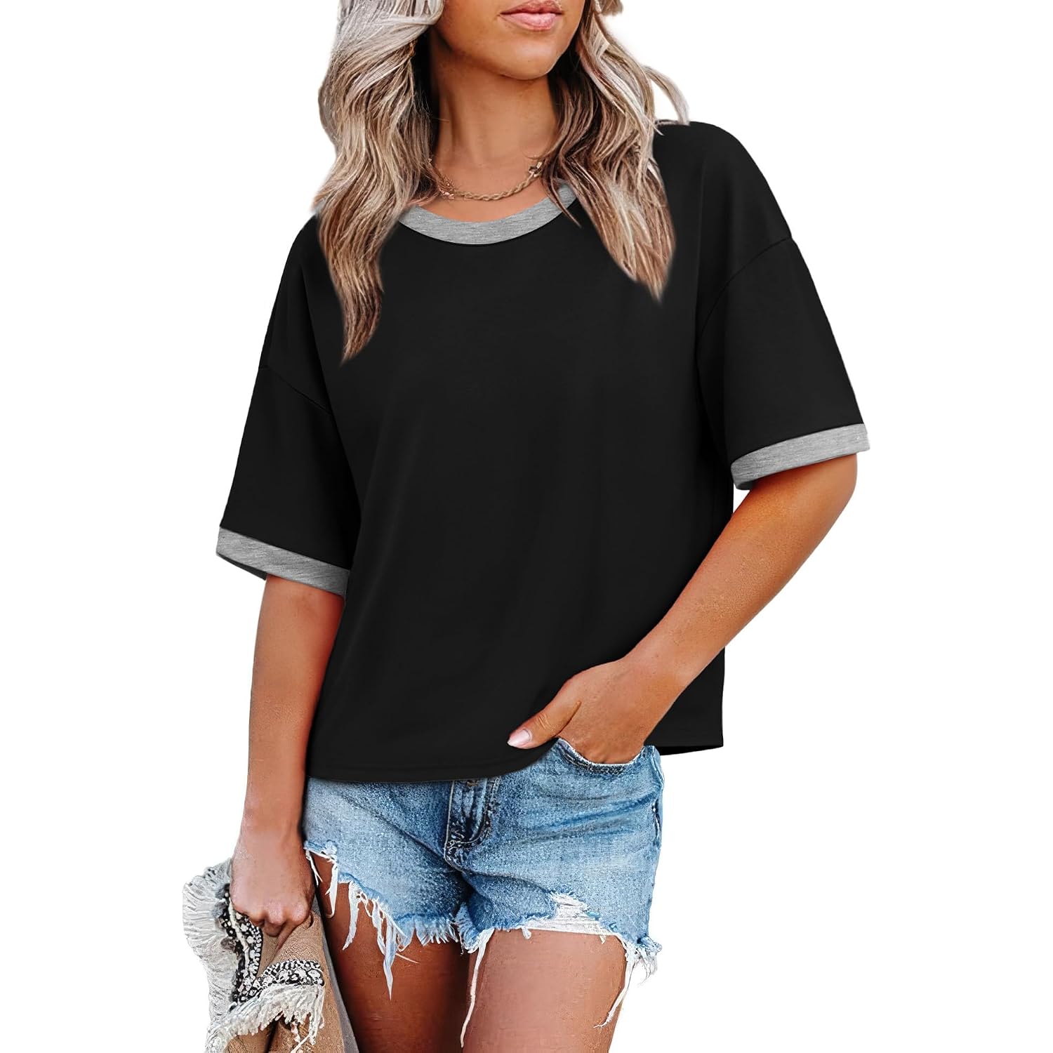 WIHOLL Womens T Shirts Loose Fit Short Half Sleeve Crew Neck Oversized Tshirts Color Block Summer Tops Fashion 2026