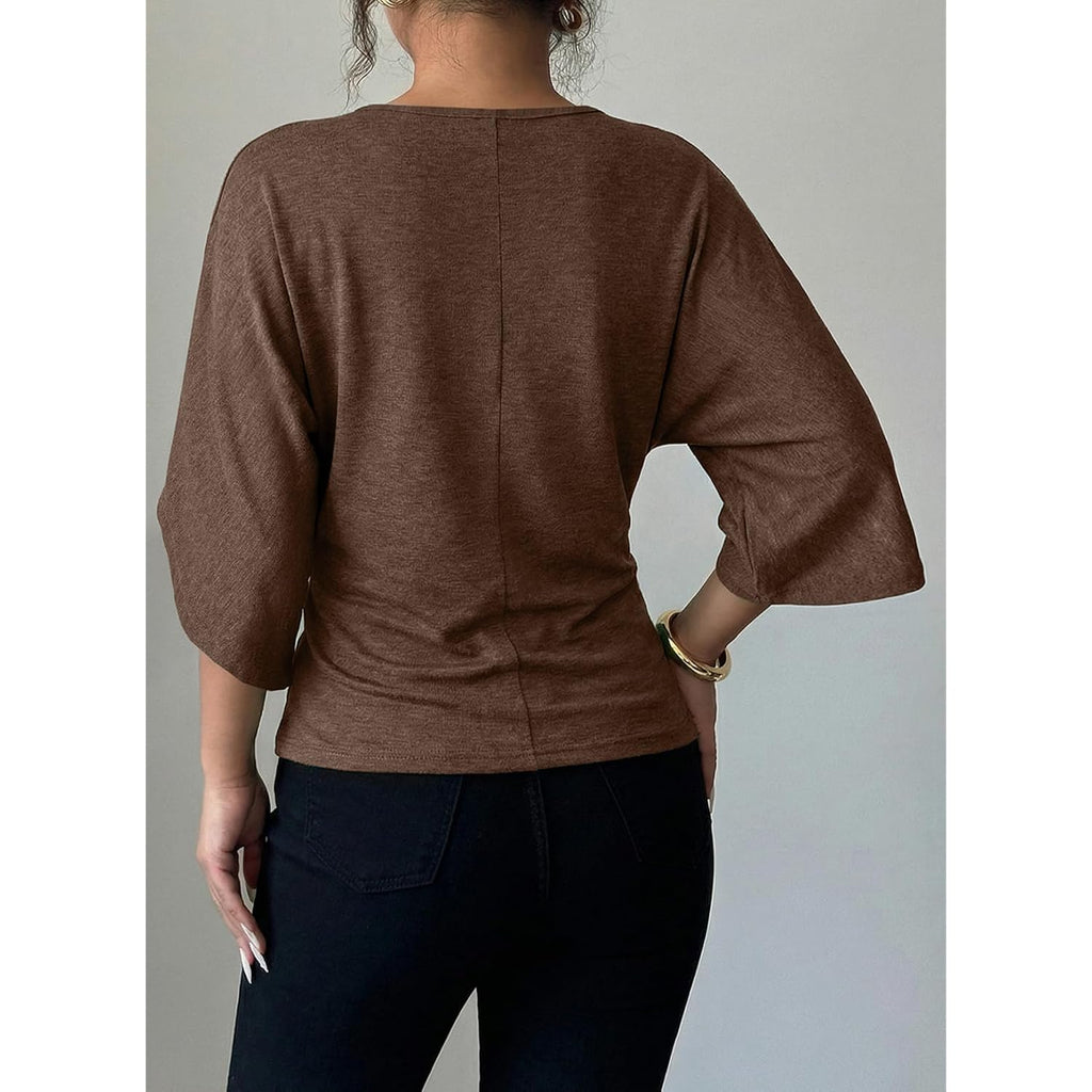 EVALESS Womens Tops Spring Summer Dressy Casual V Neck 3/4 Batwing Sleeve Ruched T-Shirt Business Work Outfits Blouses