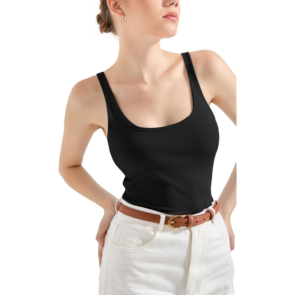 SUUKSESS Women Padded Cotton Ribbed Tank Tops Casual Summer Going Out Sleeveless Scoop Neck Basic Cami Tops