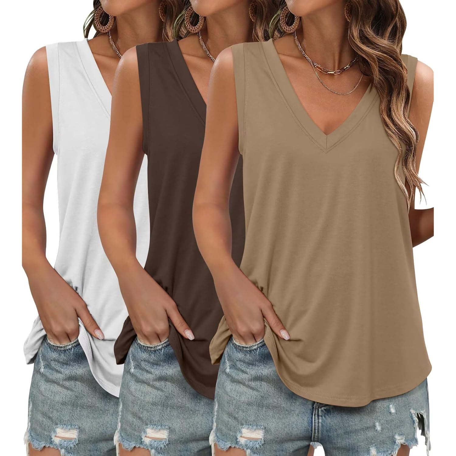 Women's Loose Fit V-Neck Tank Top White/Brown/Khaki