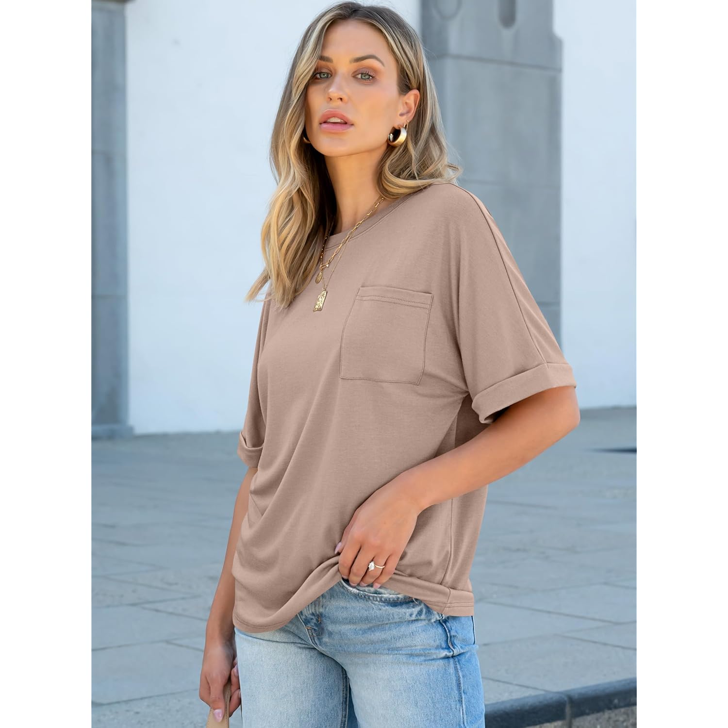ANRABESS Women Oversized T Shirts Short Sleeve Summer Casual Loose Top Basic Tee with Pocket