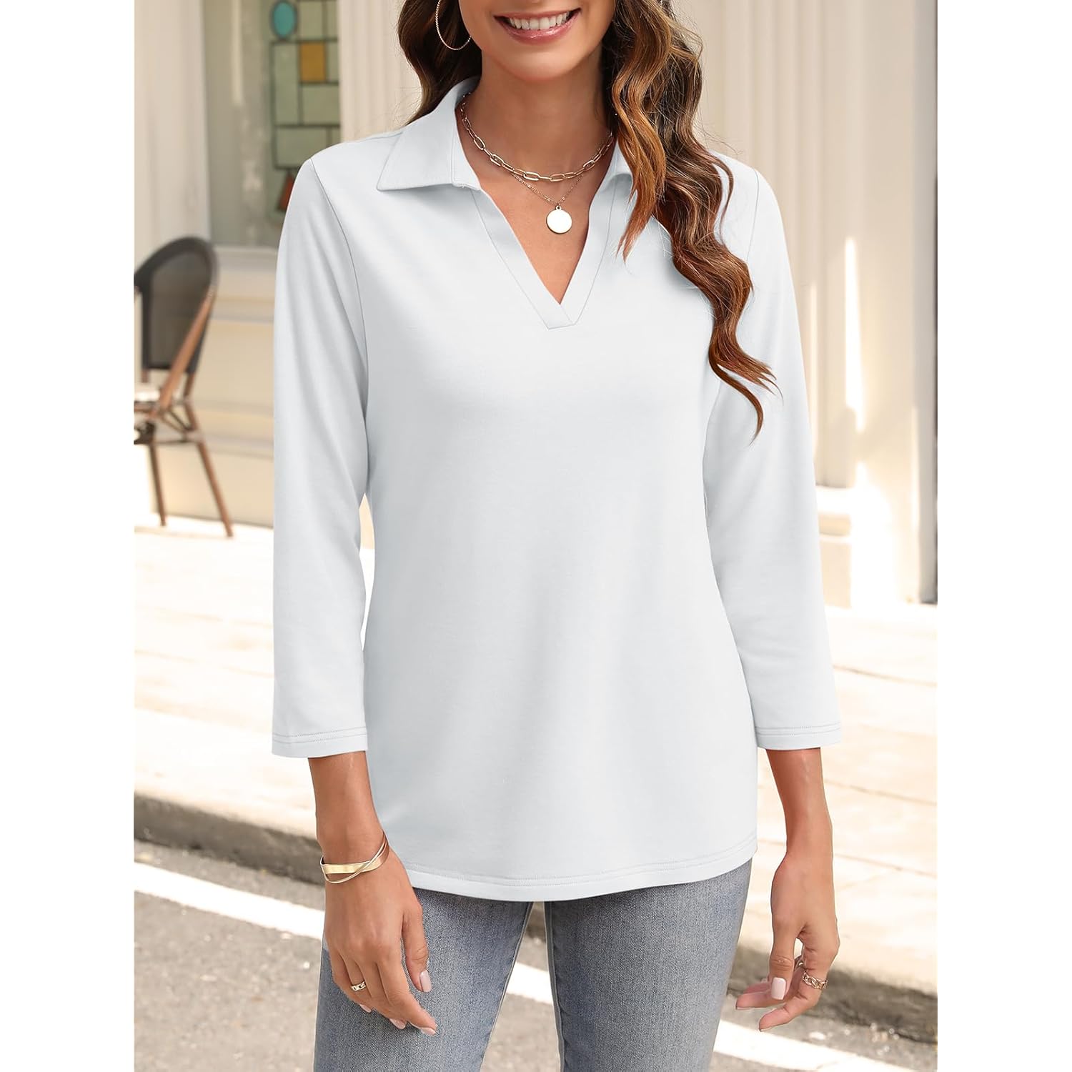 Women's 3/4 Sleeve V-Neck Polo Shirt White