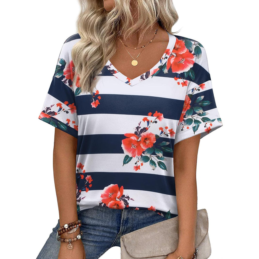 Zeagoo Womens Summer Tops Short Sleeve Casual Shirts Floral Tee Trendy 2026 Basics V Neck Plain Tshirt