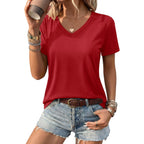 YUCOLEN Womens Shirts Cotton Summer Short Sleeve Tops V Neck Casual Basic Tee Breathable Soft Solid T-Shirt