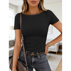 ANRABESS Women's Boat Neck Short Sleeve Top, Ribbed Knit Fitted T Shirts, All-Day Comfy for Work, Daily & Summer Tee Shirts