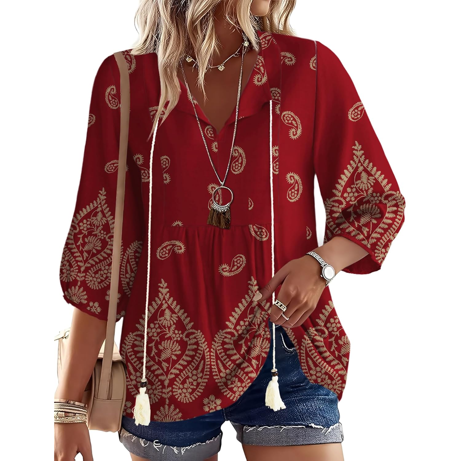 Women's Tie Front Boho Tunic Top Claret Red