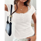 PRETTYGARDEN Summer Tops for Women 2026 Short Sleeve Lace Trim Slim Fitted Henley Tee Shirts Y2K Fashion Clothing