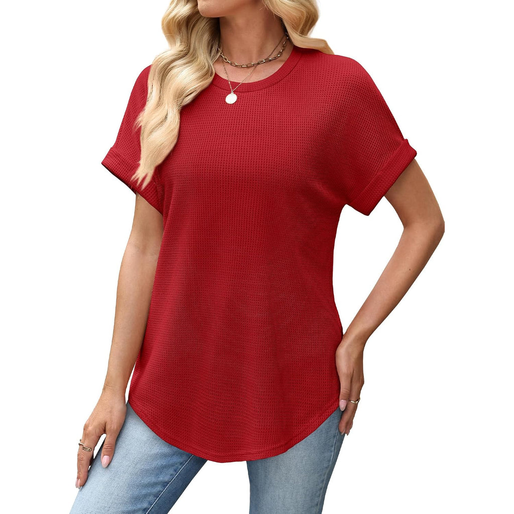 Sampeel Summer Tops for Women 2026 Trendy Rolled Short Sleeve Shirts Waffle Knit Crew Neck Tops Curved Hem Fashion Clothing
