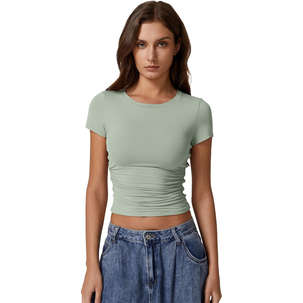 QINSEN Short Sleeve Shirts for Women Round Neck Basic Double Lined Tees Fitted Y2k Crop Tops