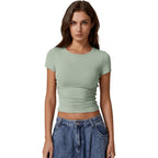 QINSEN Short Sleeve Shirts for Women Round Neck Basic Double Lined Tees Fitted Y2k Crop Tops