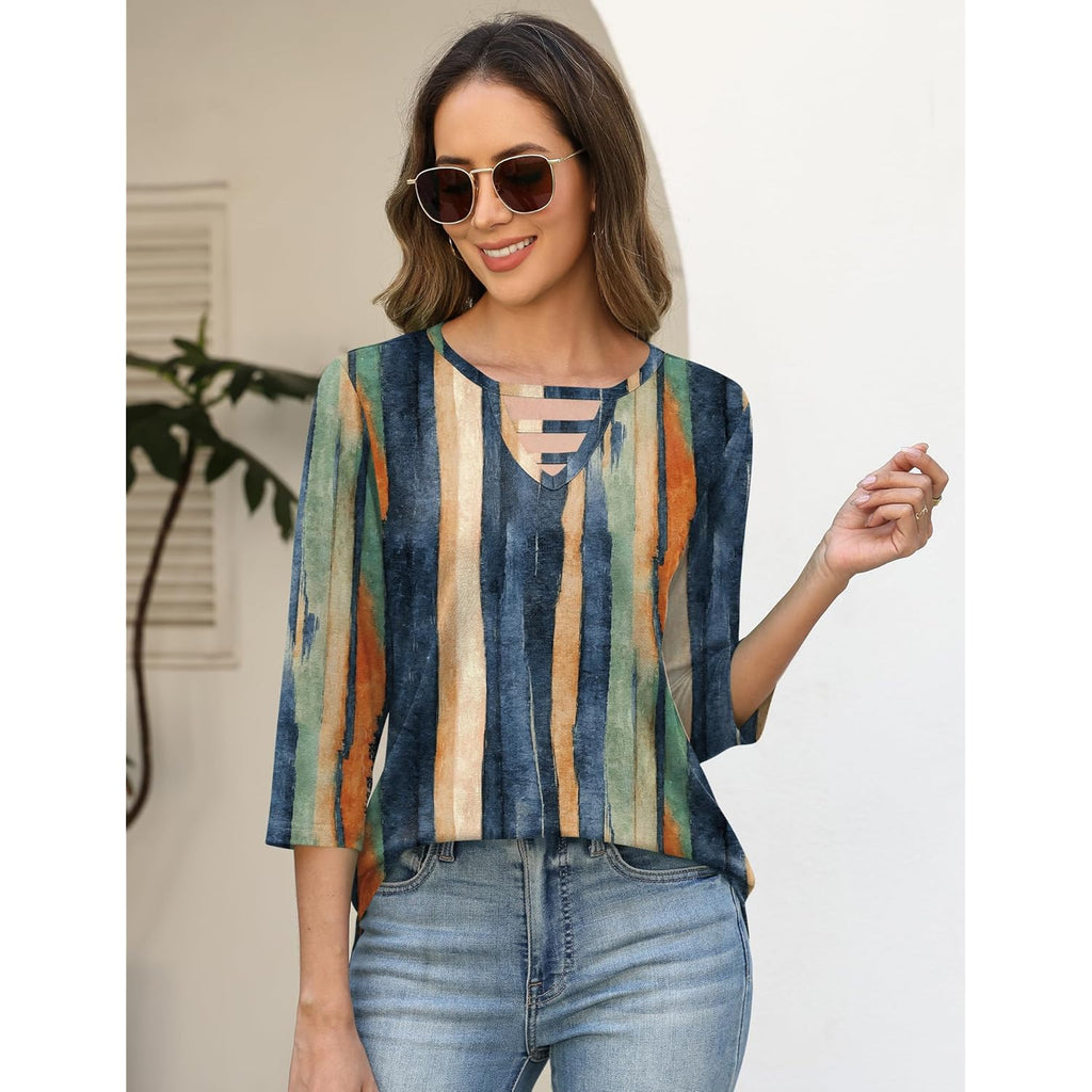 Women's Hollow Out Crew Neck Tunic Top Retro Stripes