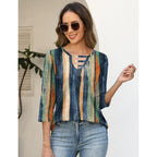 Women's Hollow Out Crew Neck Tunic Top Retro Stripes