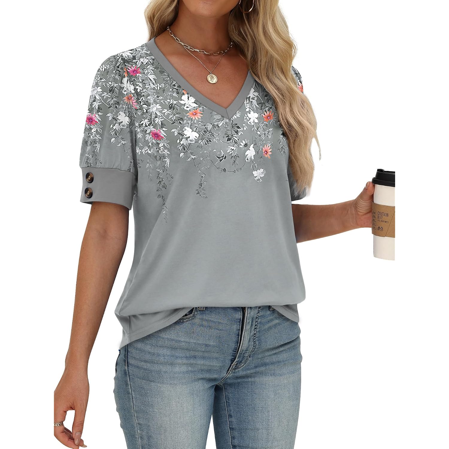 OFEEFAN Womens Tops Short Sleeve Shirts Buttons V Neck Spring Fashion Summer Outfits Plus Size Blouses Dressy Casual