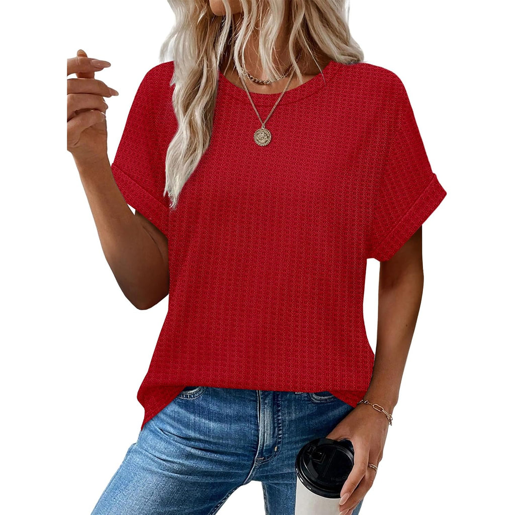Sampeel Summer Tops for Women 2026 Trendy Rolled Short Sleeve Shirts Waffle Knit Crew Neck Tops Curved Hem Fashion Clothing