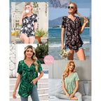 Women's Buttoned Henley Tunic Top Green Leaf/Black