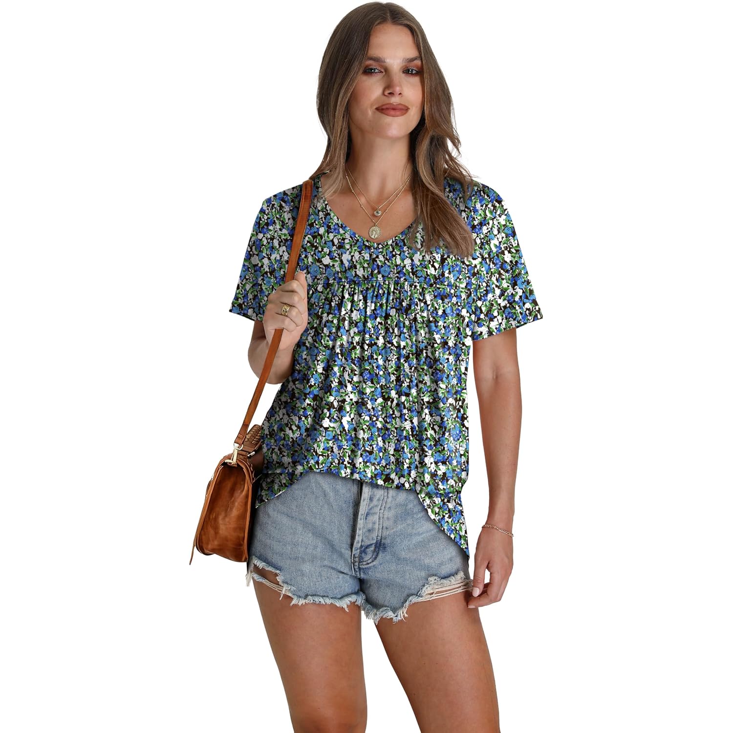 Women's Pleated V-Neck Tunic Top Floral Blue