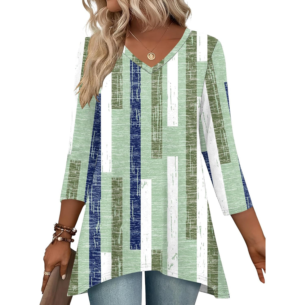 Women's V-Neck Flowy Tunic Top Green/White Plaid