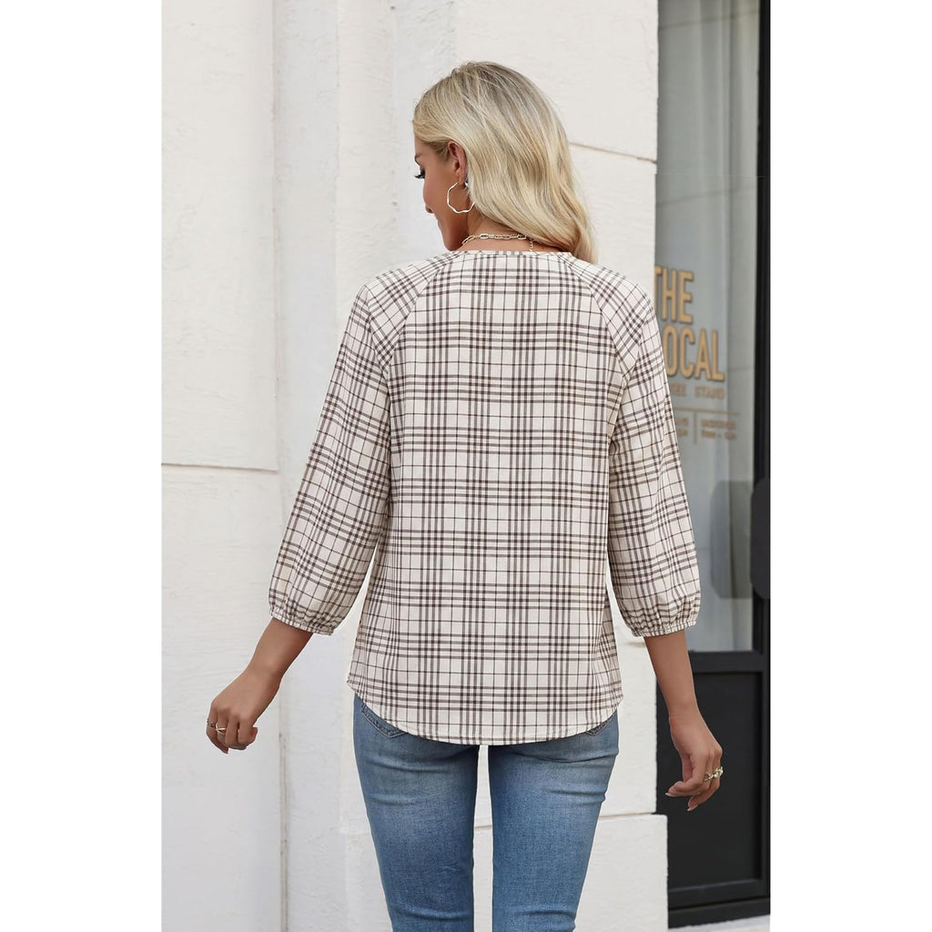 Women's Pleated Crew Neck Tunic Top Beige Plaid