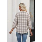 Women's Pleated Crew Neck Tunic Top Beige Plaid