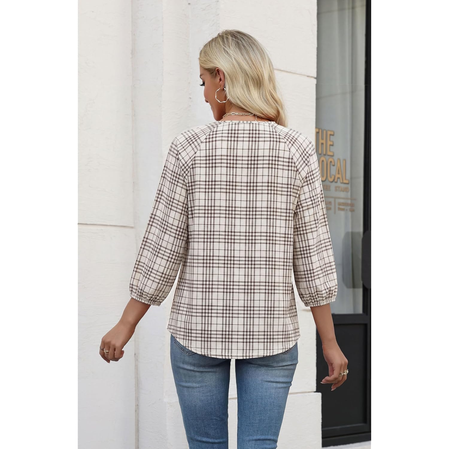 Women's Pleated Crew Neck Tunic Top Beige Plaid