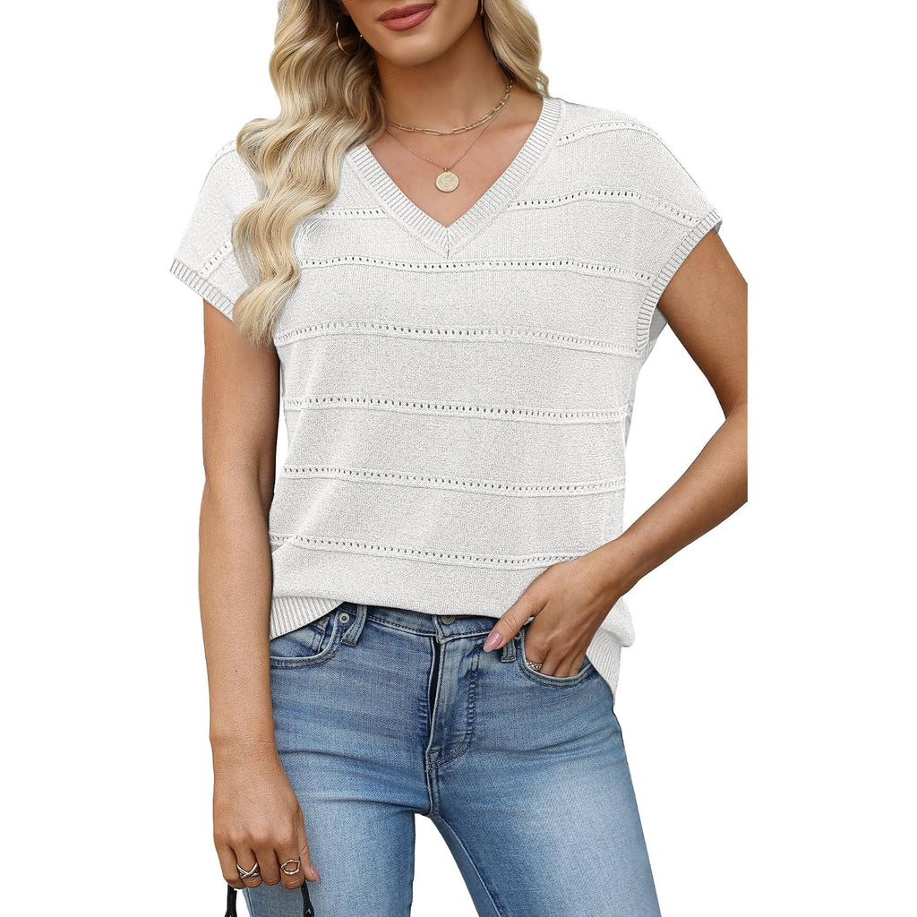 WIHOLL Short Sleeve Sweater for Women V Neck Trendy Summer Tops 2026 Spring Fashion Clothing Business Casual Outfits