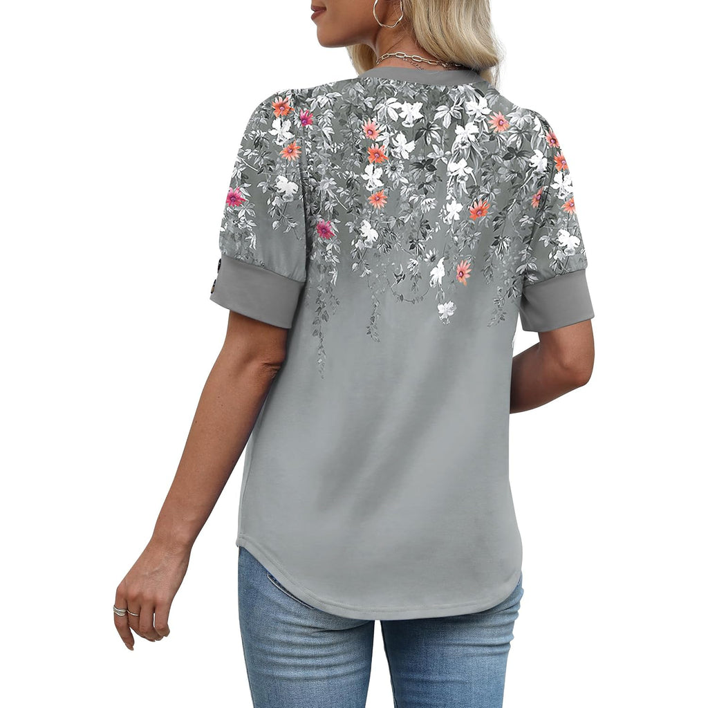 OFEEFAN Womens Tops Short Sleeve Shirts Buttons V Neck Spring Fashion Summer Outfits Plus Size Blouses Dressy Casual