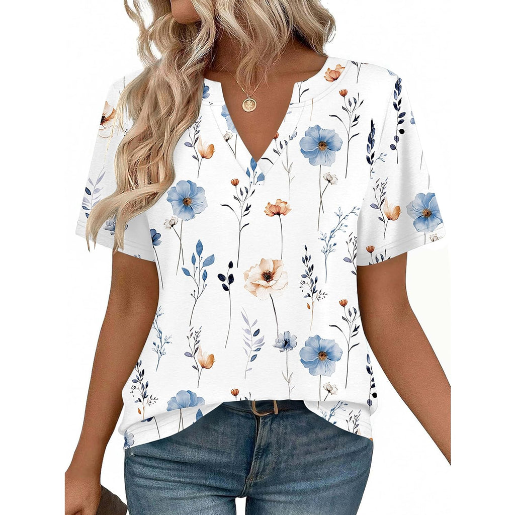 Women's Business Casual V-Neck Tunic Top White Flowers