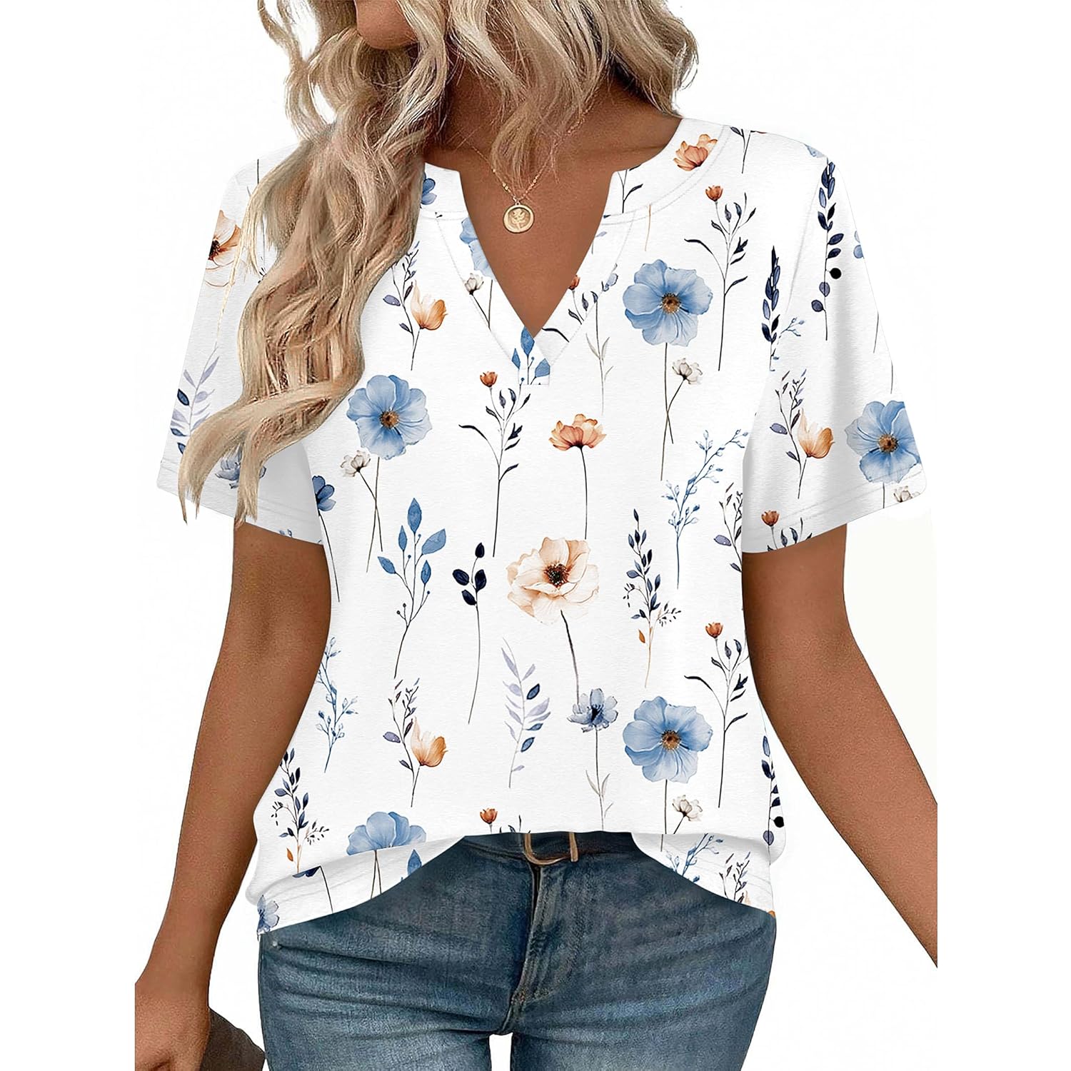 Women's Business Casual V-Neck Tunic Top White Flowers