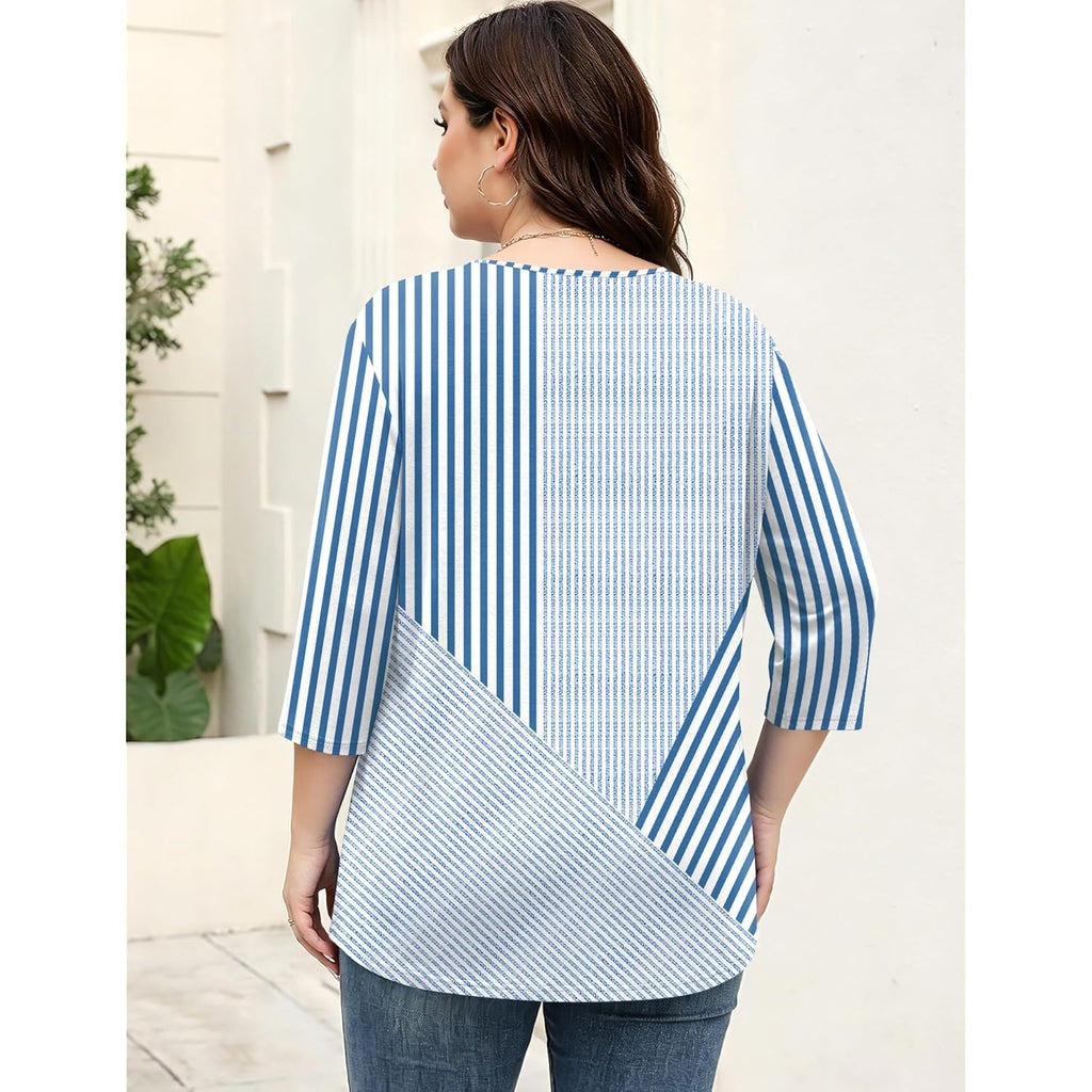 Women's Keyhole Neck Tunic Top White/Blue Stripe Print